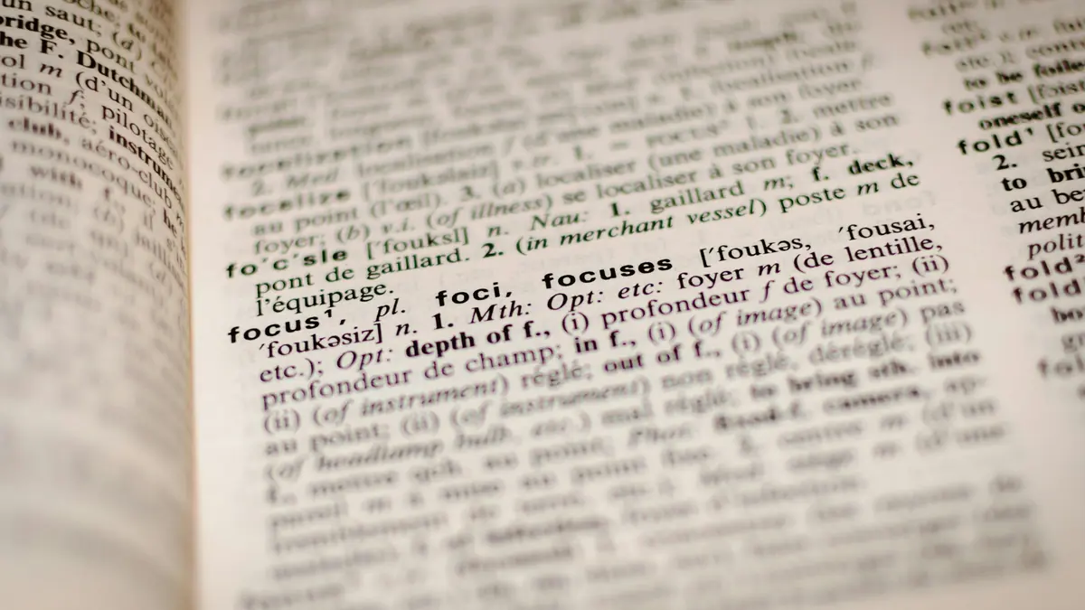 Close-up of a French and English dictionary page
