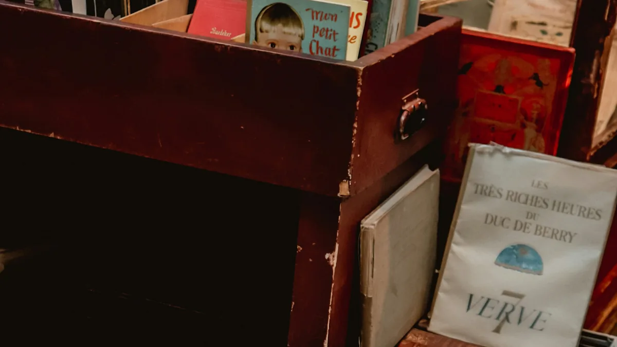 Stacks of French books at a Paris bouquiniste stall