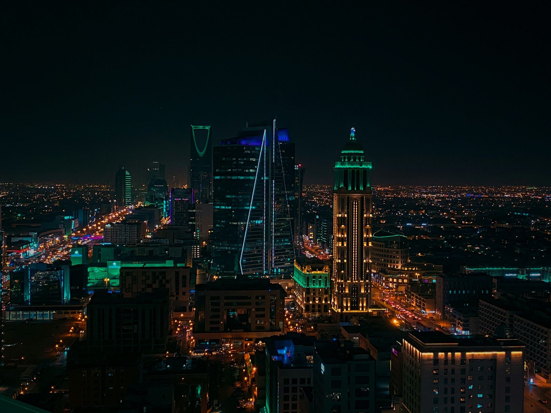 Riyadh skyline view from King Fahd Road at sunset